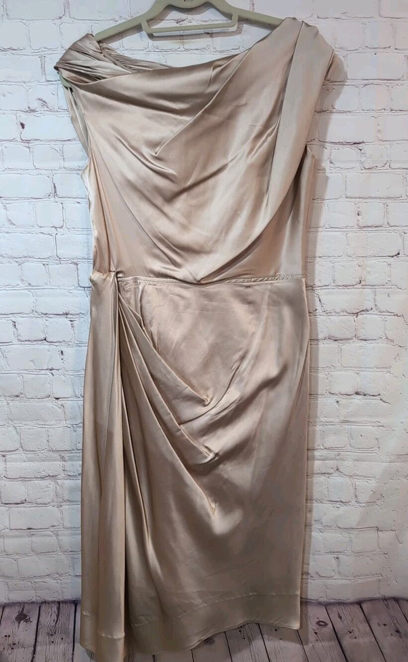 Byron Lars Beauty Mark Silk Sz 10 Off Shoulder Draped Cocktail Dress Champagne